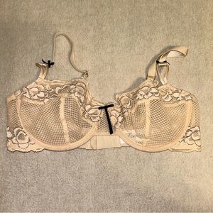 Fayreform Bra‎ Underwire Embroidered Bows Lace Caramel Balconette Unlined Sz 34D
